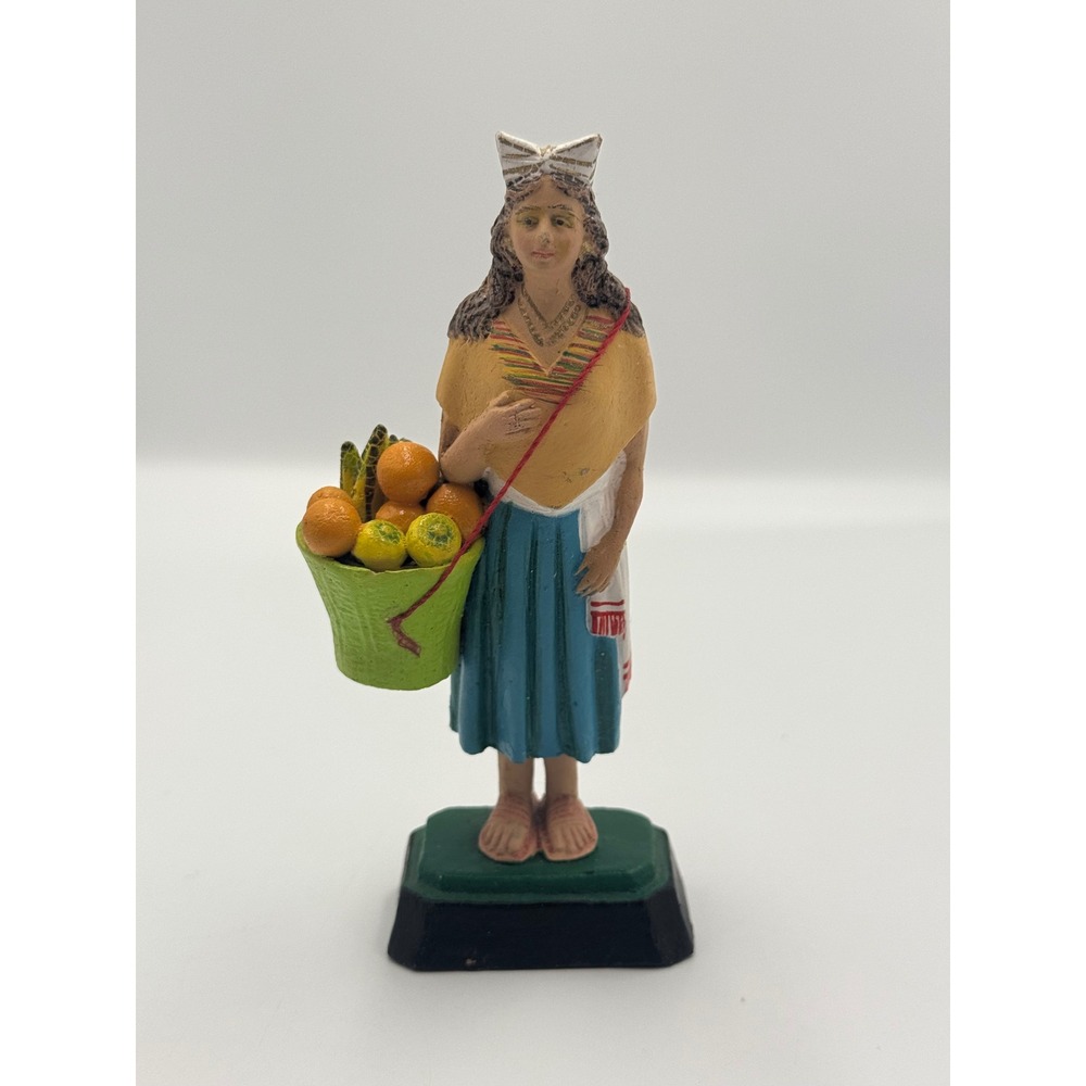 Vintage Hand Painted‎ Clay Figurine Woman with Fruit Basket Folk Art 5.5 Inch